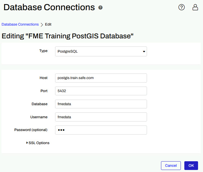 Editing database connection